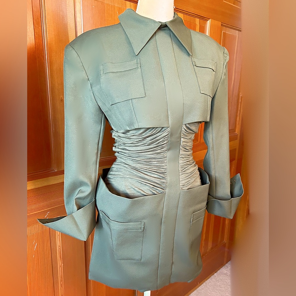 Army Cape Designer Mini Dress. - Picture 3 of 17